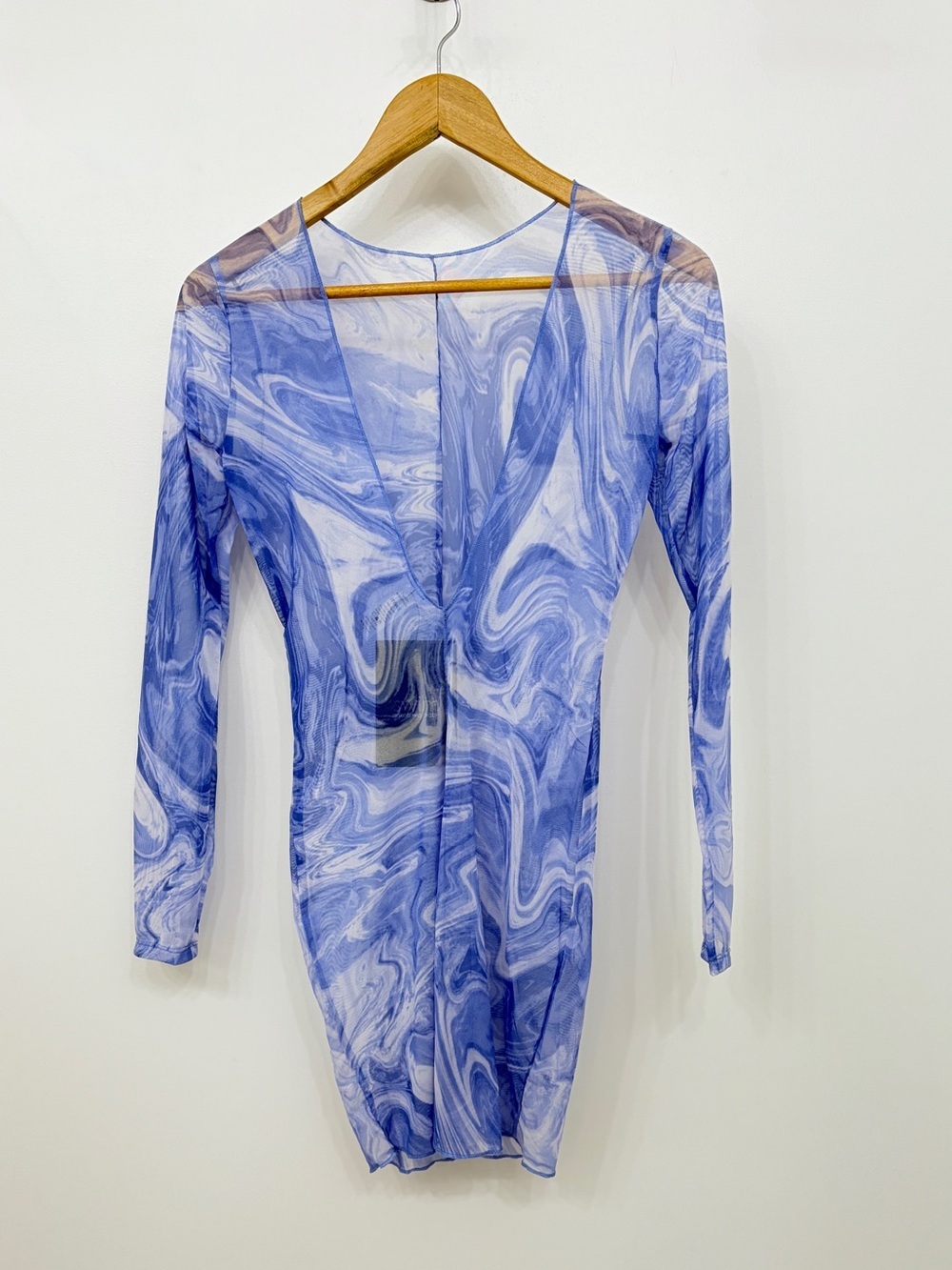 Naked Wardrobe Swim Cover up mesh sheer mini dress long sleeve blue swirl marble - Picture 3 of 7